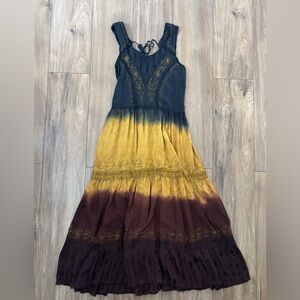 Boho Tye Dye Ombré Embroidered Maxi/Midi Dress Free Size